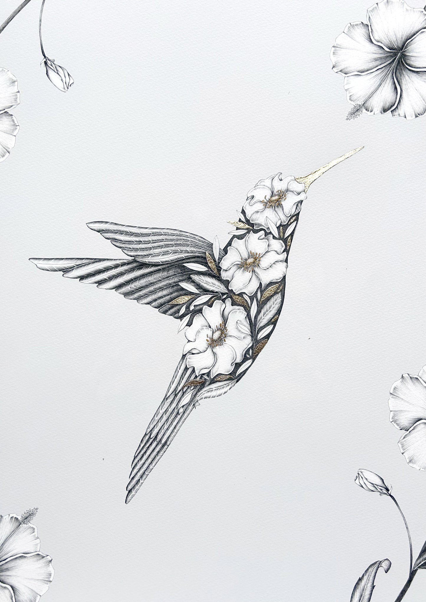 Floral Hummingbird Limited Edition Art Print with Gold Foil, A3