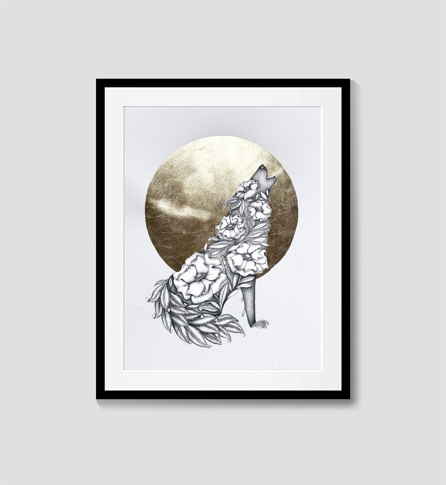 Floral Wolf Limited Edition Art Print with Gold Foil, A3