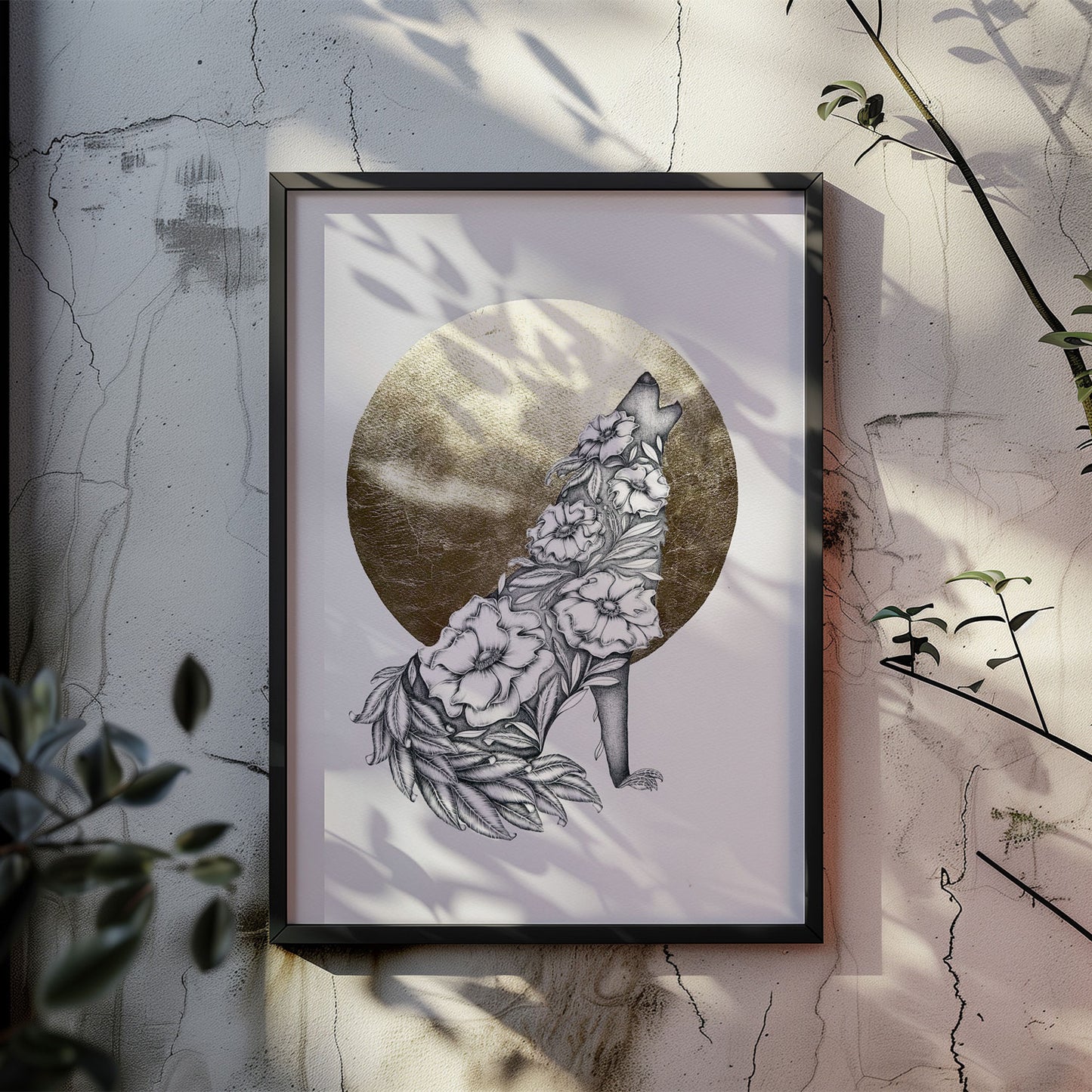 Floral Wolf Limited Edition Art Print with Gold Foil, A3