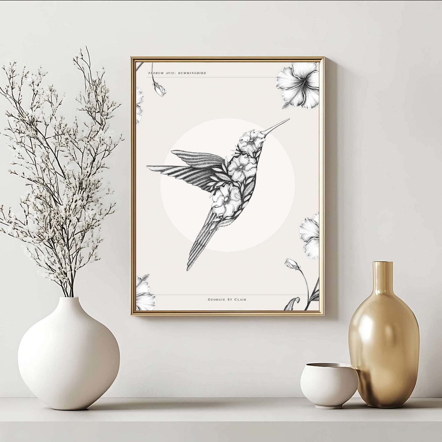 Floral Hummingbird & Hibiscus Flowers - Art Print