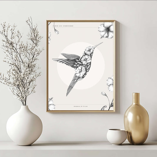 Floral Hummingbird & Hibiscus Flowers - Art Print