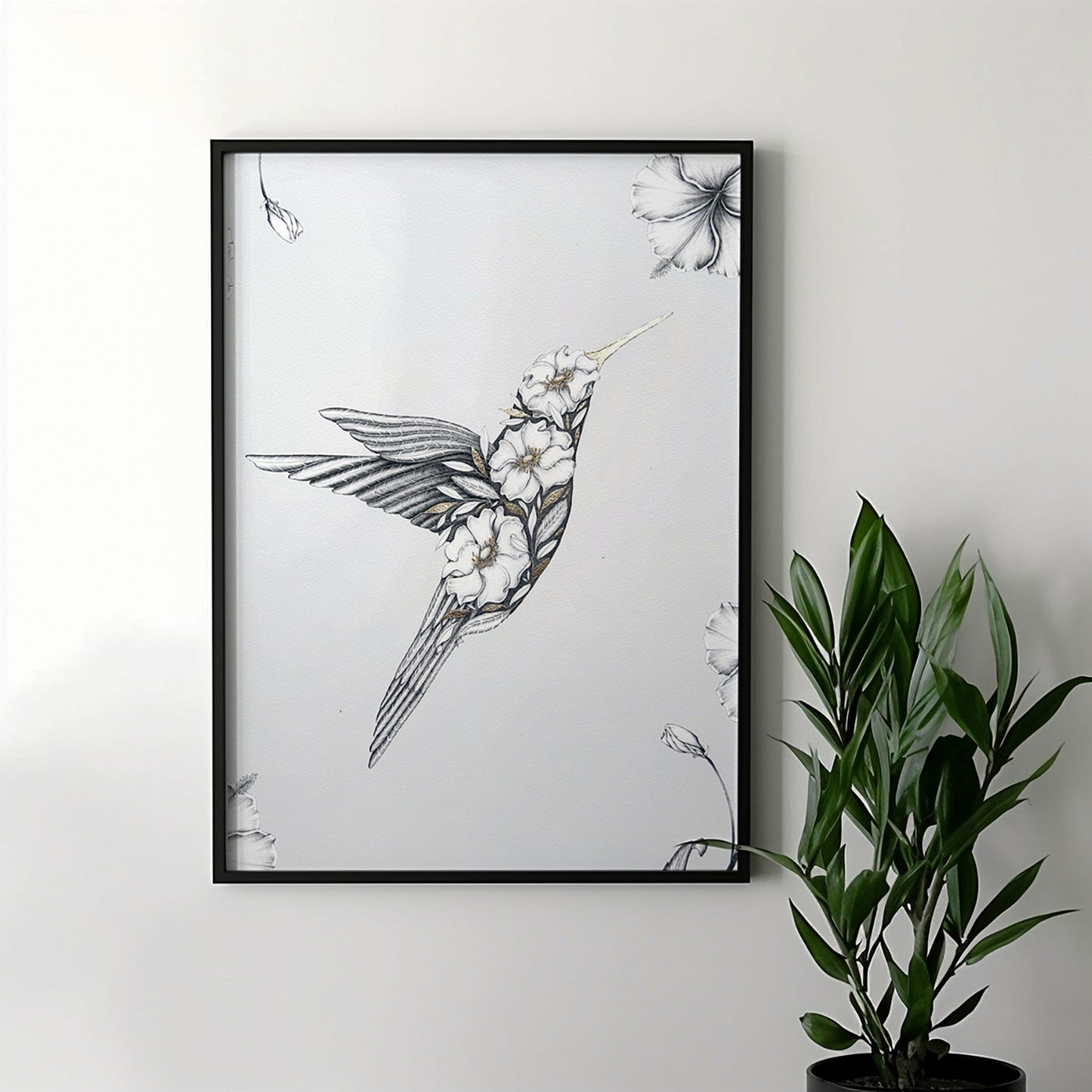 Floral Hummingbird Limited Edition Art Print with Gold Foil, A3