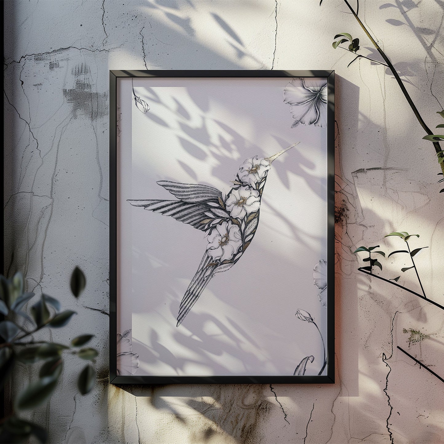 Floral Hummingbird Limited Edition Art Print with Gold Foil, A3