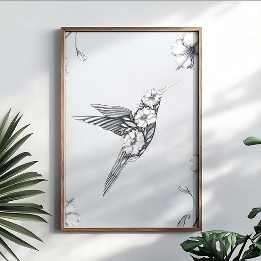 Floral Hummingbird Limited Edition Art Print with Gold Foil, A3