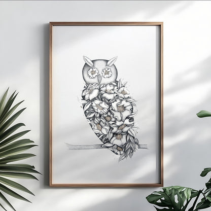 Floral Owl Limited Edition Art Print with Gold Foil, A3