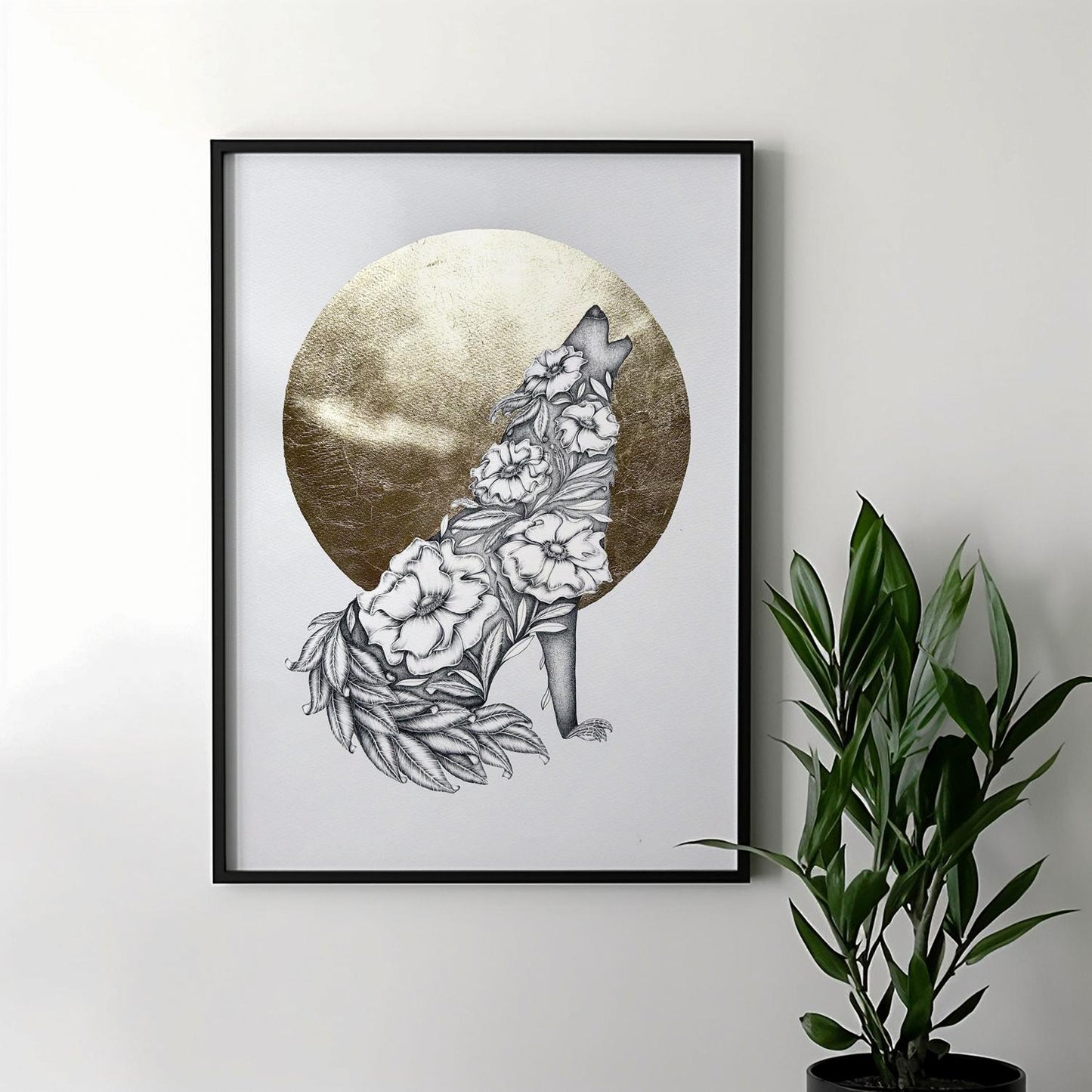 Floral Wolf Limited Edition Art Print with Gold Foil, A3